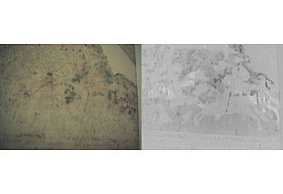 Oberer Kreuzgang des Brandenburgischen Doms: Wo bislang nur Farbreste zu erkennen waren (links), kommen nun Details der Wandmalereien wie Pferde zum Vorschein. Dank einer Hyperspektralkamera mit einer eigens entwickelten Software sind die Motive sichtbar (rechts). 