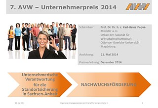 Detailbild zu :  7. AVW- Unternehmerpreis 2014: Unternehmerische Verantwortung für die Standort­sicherung in Sachsen-Anhalt durch Nachwuchs­förderung