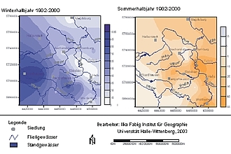 Absoluter linearer Trend des Niederschlages (mm) 1902-2000 (hydrologische Halbjahre)